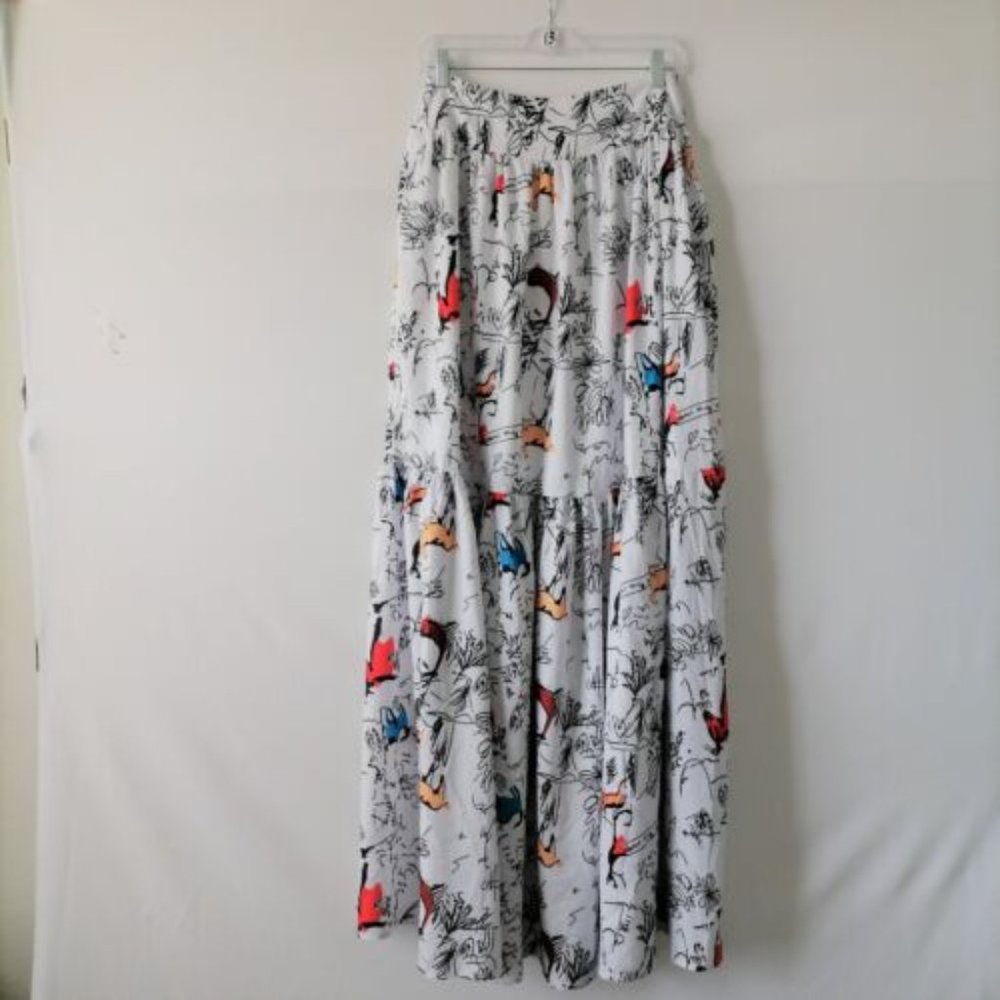White Tiered Maxi Skirt with Multicolor Bird Print